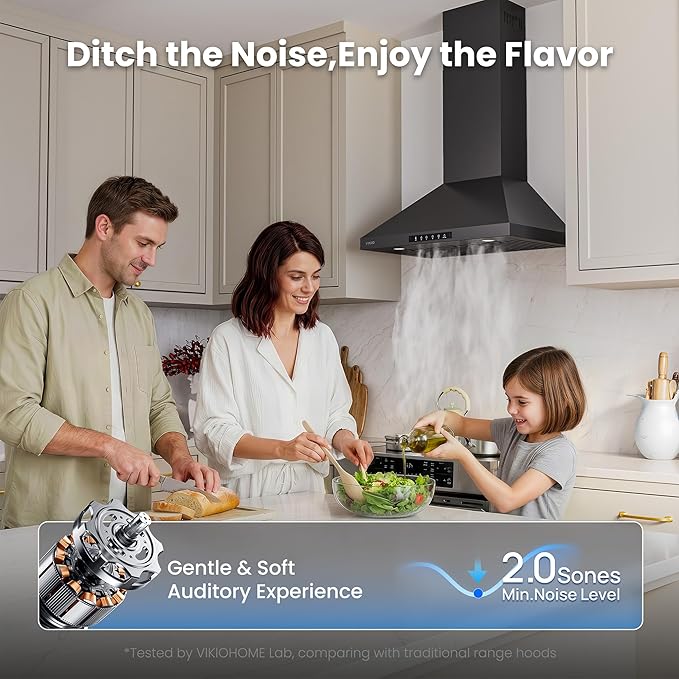 VIKIO HOME Wall Mount 36 Inch Range Hood 900 CFM, Ductless/Ducted Convertible, 3-speed Gesture Sensing & Touch Control, Black Painted Stainless Steel Vent Kitchen Hood with Permanent Baffle Filters