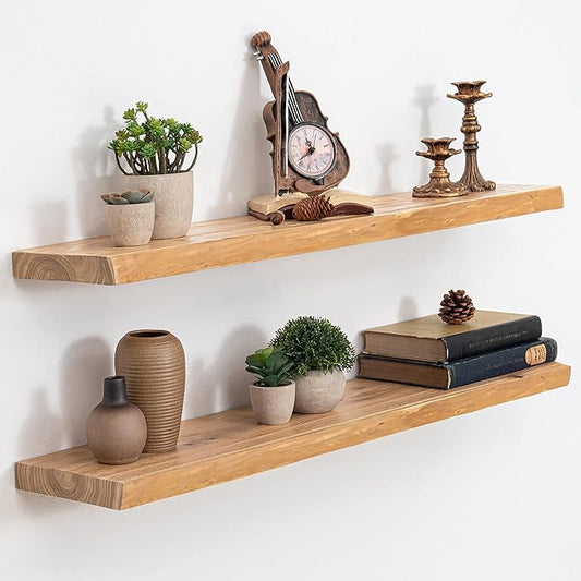 Acovy Extra Deep 36" Long Live Edge Rustic Floating Shelves for Wall, Solid Wood Wall Shelves with Invisible Bracket Mount for Living Room Bathroom Bedroom Kitchen, Set of 2, Natural