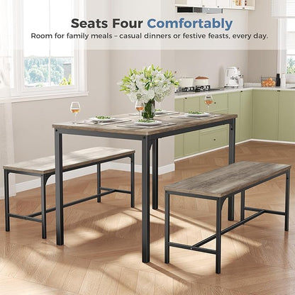 DUMOS Dining Table, Dining Table Set for 4 with Bench, Easy to Assemble Kitchen Table, Space-Saving Ideal 4-Person Set for Dining Room Kitchen Apartment Corner Gray 3 Pack