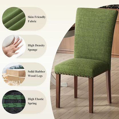 COLAMY Upholstered Parsons Dining Chairs Set of 4, Fabric Dining Room Kitchen Side Chair with Nailhead Trim and Wood Legs - Green