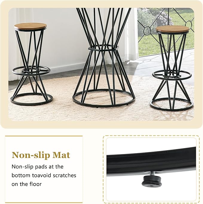 Industrial 3-Piece Bar Counter Set – 31.5" Round MDF Table & 2 Rust-Resistant Metal Bar Stools with Foot Pedals | Perfect for Small Apartments, Kitchen Islands, Home Bars (Black,Wood)