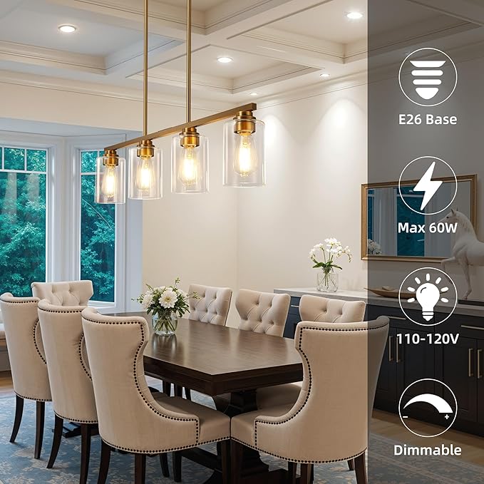 Mecgirn Island Light for Kitchen, Brushed Brass Dining Room Light Fixture Over Table, 4-Light Linear Chandelier Pendant Lighting for Dining Table Kitchen Island Living Room