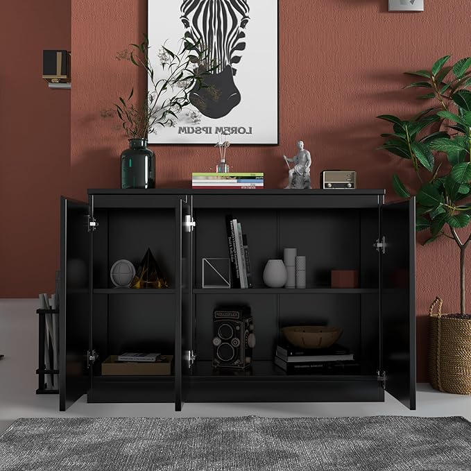 holzart 43" Black Buffet Cabinet Sideboard with Storage - Modern 3-Door Kitchen Cupboard & Coffee Bar Station for Dining Room, Living Room, Entryway - Adjustable Shelves, 43.3" W x 31.5" H