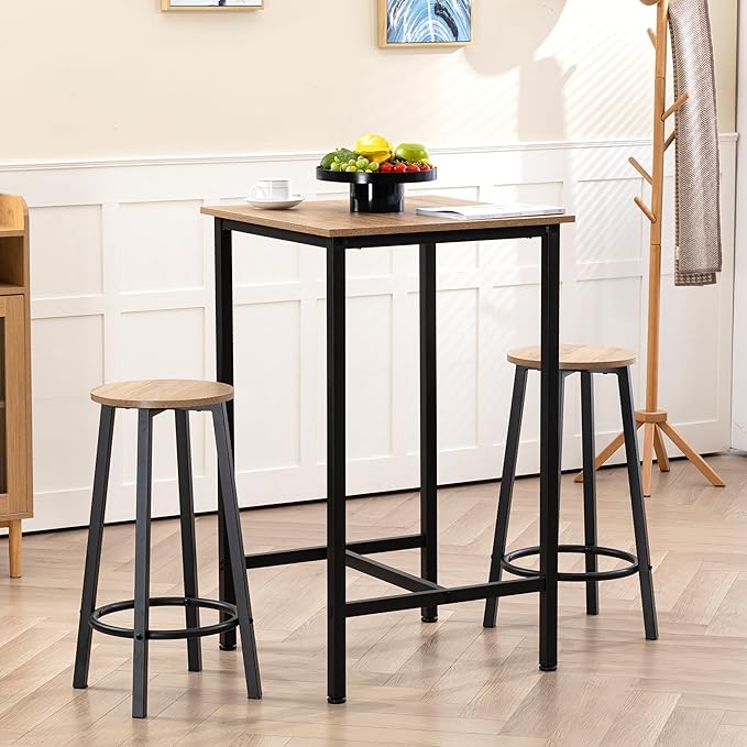 Finnhomy Bar Table Set, 23.6" Pub Table High Top Table, Square Bar Height Table, Bar Table with Stools, Kitchen Table Set for 2, Industrial Breakfast for Kitchen, Living Room, Greige