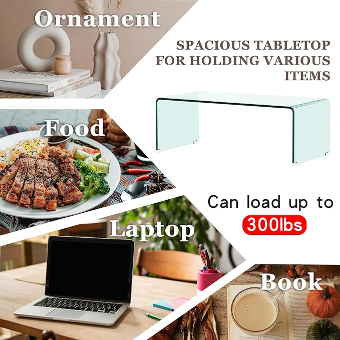 Modern 39.4" Tempered Glass Coffee Table, 12mm Ultra-Thick Waterfall Clear Center Table for Living Room, Minimalist Rectangle Coffee Table for Small Spaces, No Assembly Required