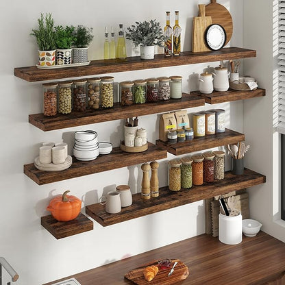 40 Inch Floating Shelves for Wall, 8 Inch Deep Floating Shelf for Storage & Display, Wall Mounted Shelf with Invisible Brackets for Living Room, Kitchen, Bathroom, Home Decor, Set of 2, Rustic Brown