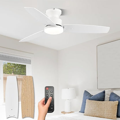 Modern Ceiling Fans with Lights, 42 Inch Ceiling Fan with Light and Remote, Bedroom Living Room Office Outdoor, Flush Mount,18W 3CCT 3 Blades 6 Speed Reversible Quiet DC Motor, White/Wood Grain