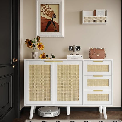 Gyger Rattan Kitchen Buffet Cabinet with 2 Doors 3 Shelves, Sideboard with Storage, Accent Cabinet for Kitchen, Dining Room, Hallway, Cupboard Console Table, White