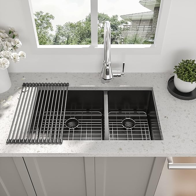 33 Inch Black Undermount Kitchen Sink - 33”x19”x10” Stainless Steel Gunmetal Black 16 Gauge 10 Inch Deep 60/40 Double Bowl Kitchen Sink Basin
