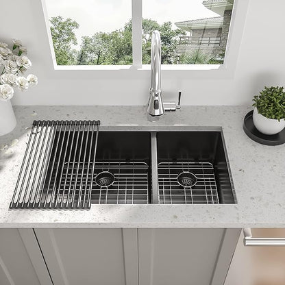 33 Inch Black Undermount Kitchen Sink - 33”x19”x10” Stainless Steel Gunmetal Black 16 Gauge 10 Inch Deep 60/40 Double Bowl Kitchen Sink Basin