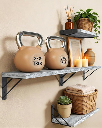 BAYKA Wall Shelves for Bedroom Decor, Floating Shelves for Living Room Kitchen Storage, Wall Mounted Rustic Wood Floating Shelves for Kids Books, Corner Shelf for Bathroom(Gray White，Set of 4)