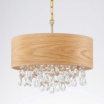 LumFurn D18inch Drum Wood K9 Crystal Chandeliers, 4-Light Boho Style Pendant Light Fixture for Dining Room, Living Room, D18 x 21~68"(Adjustable), Solid Wood Lampshade & Gold Finish