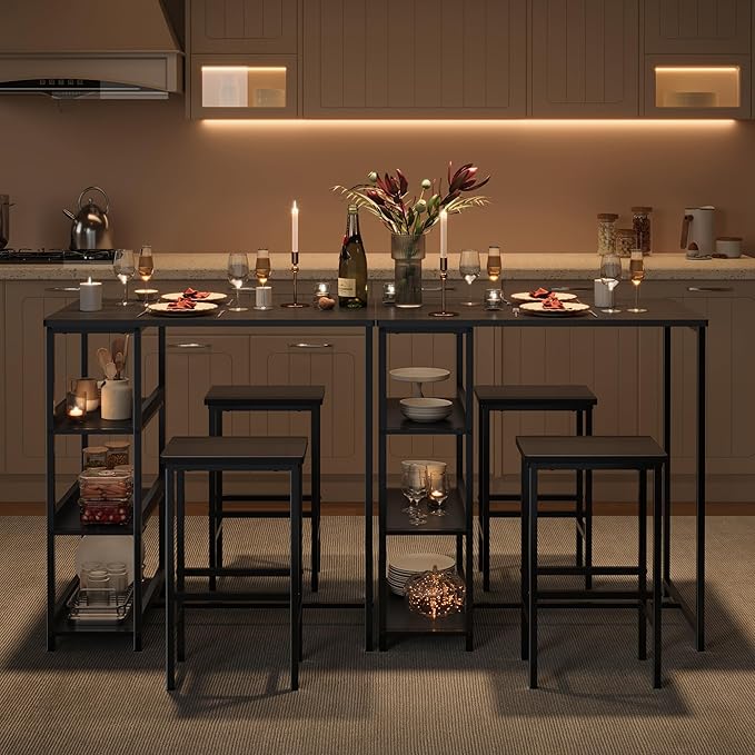 GarveeHome 3-Piece Kitchen Table Set with Storage Shelves & 2 Bar Stools - Iron and Wood Dining Table for Small Spaces, Apartments, Condos, Black