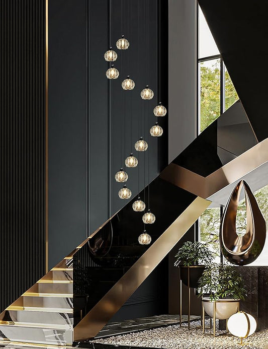 Weesalife Crystal Chandeliers for Staircases, 14-Light Black Modern Chandeliers for High Ceilings，Crystal Pendant Light Fixture for Living Room Kitchen Island Foyer Hallway Bar