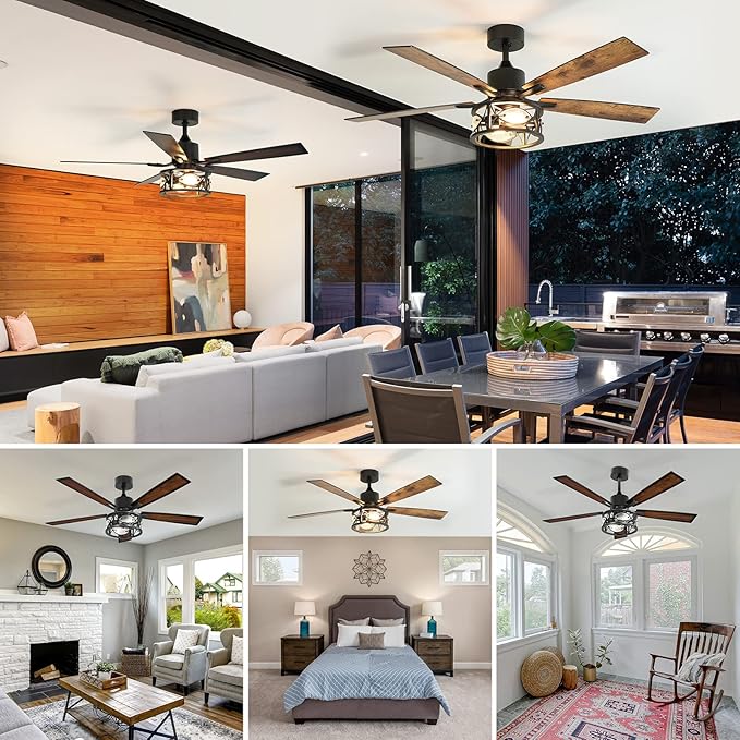 Consciot Ceiling Fan With Lights, 52 Inch Farmhouse Indoor Ceiling Fan With Remote, Quiet Reversible DC Motor, 5 Double Finish Wood Blades, Easy Dual Mount, Support Dimmable 2*E26 Bulbs(not included)
