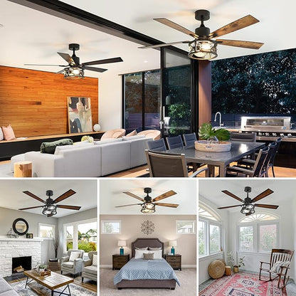 Consciot Ceiling Fan With Lights, 52 Inch Farmhouse Indoor Ceiling Fan With Remote, Quiet Reversible DC Motor, 5 Double Finish Wood Blades, Easy Dual Mount, Support Dimmable 2*E26 Bulbs(not included)