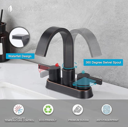 Oil Rubbed Bronze Bathroom Faucet 3 Hole, Senhozi 4 Inch Centerset Bathroom Faucet with Pop up Drain and 2 Supply Lines, Waterfall Bathroom Faucet Modern Faucet Bathroom, SE-0048-ORB