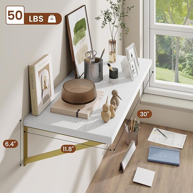 Deep Wall Shelves 30"W x 12"D Engineered Wood Floating Shelves for Wall, Sturdy Metal Bracket(Gold) Bookshelves Home Decor Storage for Living Room Bedroom Bathroom Kitchen, Set of 2, White Finish