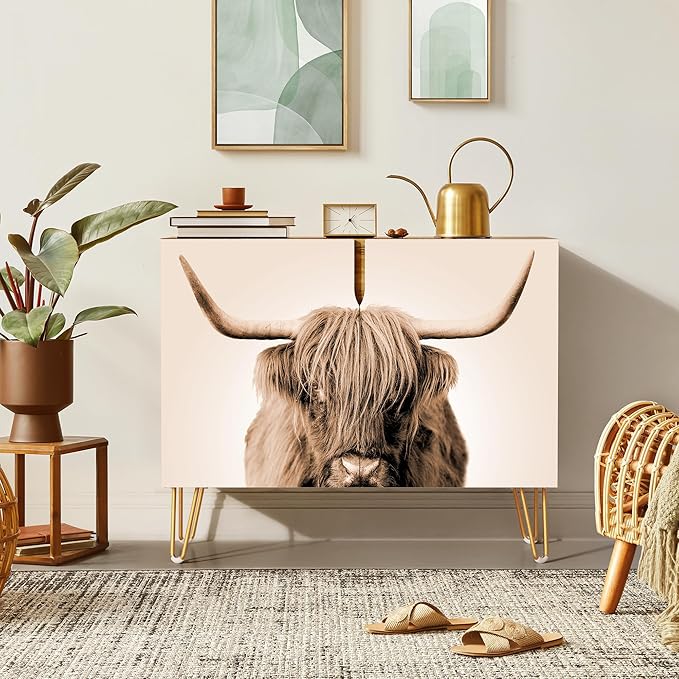 SIGNWIN Sideboard Buffet Cabinet, Kitchen Storage Cabinet with 2 Doors, Duotone Sepia Shetland Cow, Cupboard Console Table for Dining Room - 35" L x 18" W x 29" H