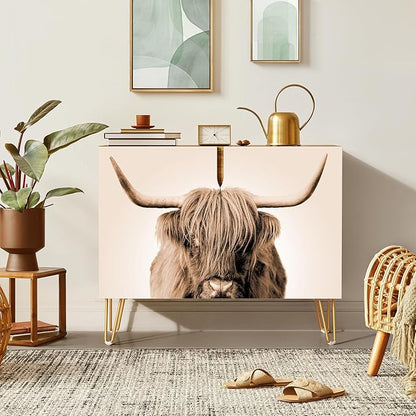 SIGNWIN Sideboard Buffet Cabinet, Kitchen Storage Cabinet with 2 Doors, Duotone Sepia Shetland Cow, Cupboard Console Table for Dining Room - 35" L x 18" W x 29" H