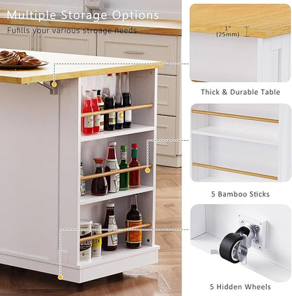 LUMISOL 53” Large Kitchen Island with Drop Leaf and Power Outlet, Rolling Kitchen Cart with Wheels, Door Internal Storage Rack and 5 Open Side Racks, Not Included Stools, White