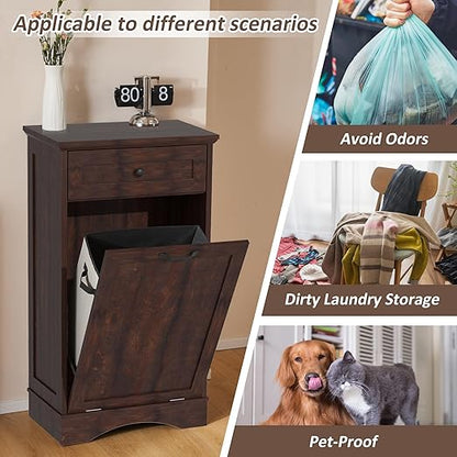 13 Gallons Tilt Out Trash Cabinet Freestanding Kitchen Trash Bin Cabinet Wood Garbage Recycling Cabinet with Hideaway Drawer Pet Proof Trash Can Holder for Kitchen Living Room, Brown