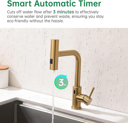 CENOSA Touchless Kitchen Faucet Motion Sensor Hands Free Single Handle Kitchen Sink Faucet with Pull Down Sprayer Brusshed Gold