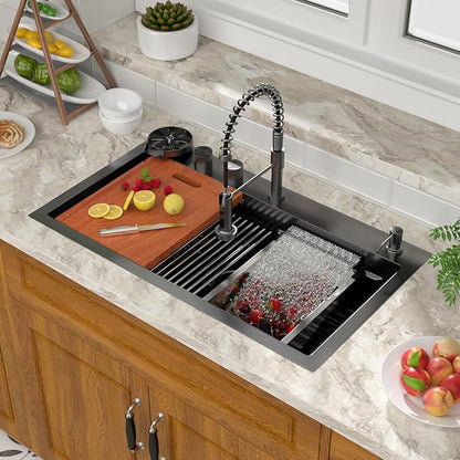 Mocoloo 33 Inch Black Honeycomb Waterfall Kitchen Sink Drop in, 33x19 Inch Stainless Steel Workstation Sink 16 Gauge Topmount Single Bowl Sink with Complete Kit
