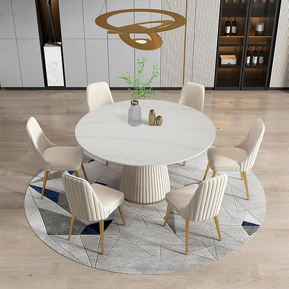 White Sintered Stone Round Dining Table 53 Inch, Durable Scratch Resistant Kitchen Table Seats 4-6, Contemporary Metal & Wood Leg Design, Easy Care Stain Free Circle Dining Table Set