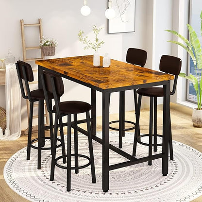 Lamerge Bar Table Set for 4 Kitchen Table and Chairs Set, Industrial Dinner Table with 4 PU Upholstered Stools Kitchen Pub Table for Kitchen, Space Saving, Restaurant (Rustic Brown and Black)