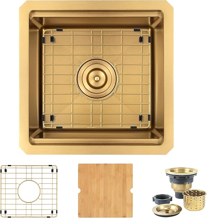 Kitsitchen Gold Bar Sink Undermount, 16 Guage Stainless Steel Workstation Sinks with Accessories, 15 Inch Small Kitchen Sink for RV, Outdoor, Wetbar, Pre-Bar