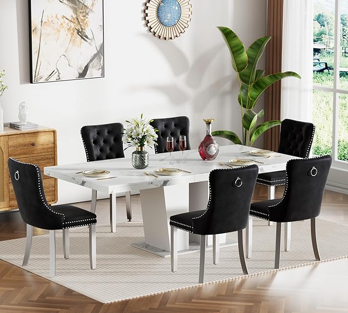 Goujxcy 7-Piece Extendable Dining Table Set for 6-8 People 63"-78.7" Kitchen Table Set with 6 Black Upholstered Chairs Modern White Faux Marble Rectangular Dining Room Table Set for Kitchen Apartment