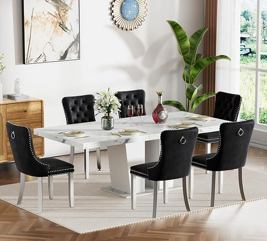Goujxcy 7-Piece Extendable Dining Table Set for 6-8 People 63"-78.7" Kitchen Table Set with 6 Black Upholstered Chairs Modern White Faux Marble Rectangular Dining Room Table Set for Kitchen Apartment