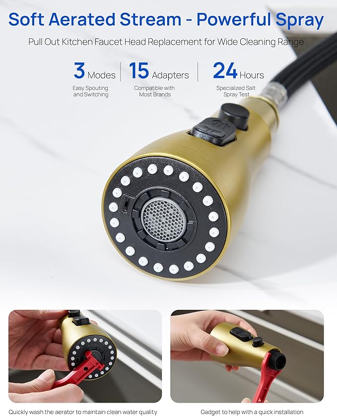J-HVA Pull Down Kitchen Faucet Sprayer Head Replacement Part, 3 Function Pull Out Sink Sprayer Replacement Nozzle, Kitchen Faucet Head Hose Spray Tap Spout, 15 adapters, Brushed Gold