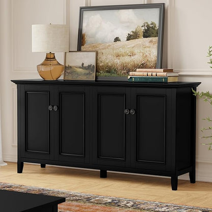 SIMPLIHOME Amherst Storage Cabinet - 66 inch Wide Solid Wood 4-Shelf Sideboard Cabinet in Black, Transitional Buffet for Living Room or Dining Room with 4 Doors and Adjustable Shelves