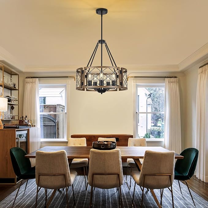 Sigaitwei 5-Light Farmhouse Chandelier Brown Rustic Chandelier for Dining Room Wood Texture Adjustable Pendant Light,Drum Chandelier for Kitchen Island Entryway Bedroom Hallway,18.9'',E26.