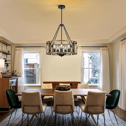 Sigaitwei 5-Light Farmhouse Chandelier Brown Rustic Chandelier for Dining Room Wood Texture Adjustable Pendant Light,Drum Chandelier for Kitchen Island Entryway Bedroom Hallway,18.9'',E26.