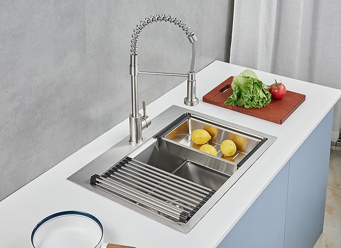MENATT 25 x 18 Inch Drop in Workstation Kitchen Sink, 25 Inch Single Bowl Handmade Topmount Kitchen Sink, 18 Gauge Stainless Steel 9'' Deep Kitchen Workstation Sink with Cutting Board& Strainer