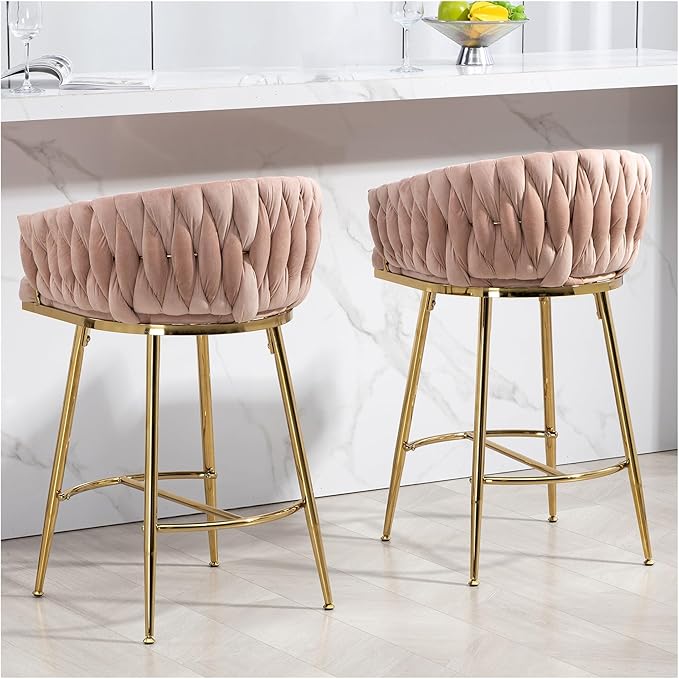 26'' Counter Height bar stools Set of 2 Kitchen Island Counter bar Stool with Hand- Wave Back, Golden Chromed Base and footrest,for Living Room