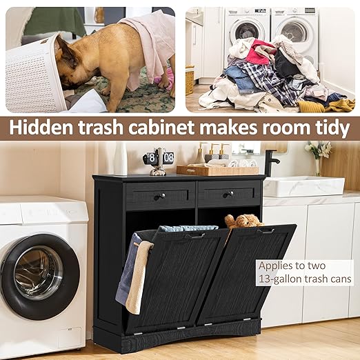 Double Tilt Out Trash Cabinet Freestanding Wooden Garbage Can Cabinet with Hideaway Drawers, 2x13 Gallons Pet Proof Garbage Can Holder for Kitchen Living Room, Dark Black