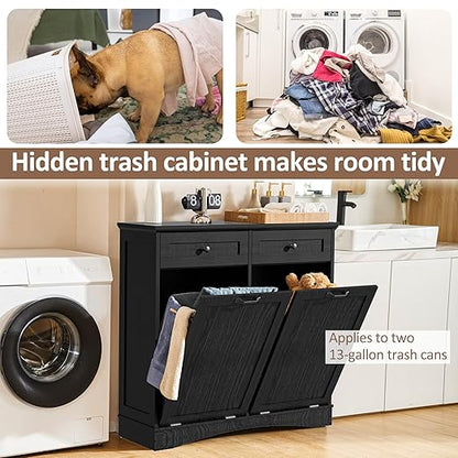 Double Tilt Out Trash Cabinet Freestanding Wooden Garbage Can Cabinet with Hideaway Drawers, 2x13 Gallons Pet Proof Garbage Can Holder for Kitchen Living Room, Dark Black