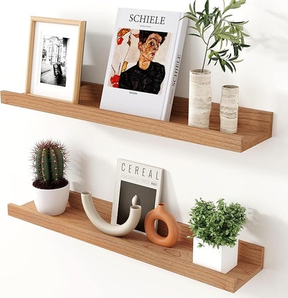 Axeman Cherry Picture Ledge Shelf, 24 Inch Floating Shelves Set of 2, Solid Wood Wall Shelves with Lip, Wall Decor Storage for Bedroom Living Room Bathroom Kitchen Nursery Photo, Natural Cherry