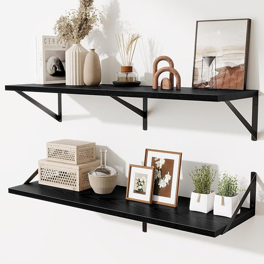 Acovy Black Deep Floating Shelves for Wall,36" Wx10 D Wood Wall Shelves with Metal Brackets,Hanging Storage Floating Shelf for Living Room,Bedroom,Bathroom,Office,Kitchen