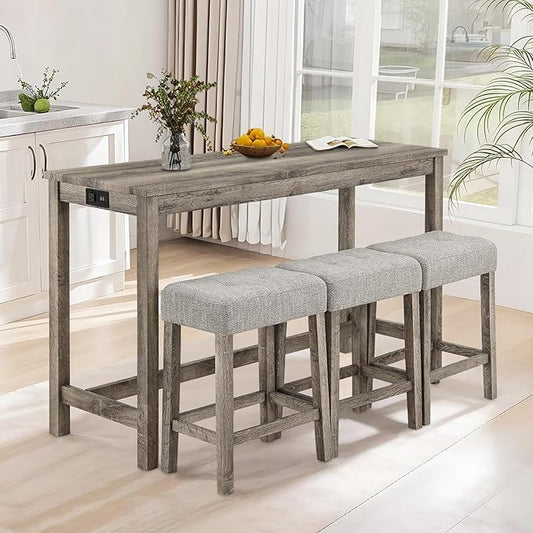 LKTART 4 Piece Bar Table Set Dining Bar Table and Chairs Set with Power Outlet Industrial Breakfast Table with 3 Padded Stools Rustic Bar Kitchen Dinning Room Living Room Brown