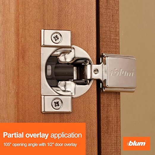 Blum Compact BLUMOTION Hinge (4 Kits), 1/2" Overlay, 105° Opening Angle, Steel, Integrated Soft-Close Hinges for Face Frame Cabinets