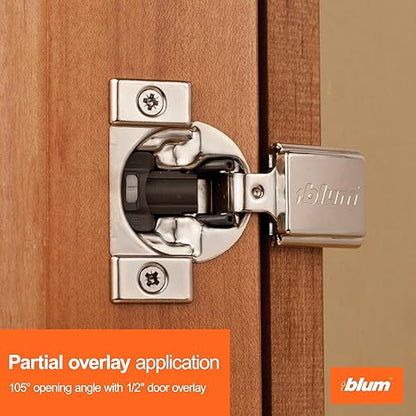 Blum Compact BLUMOTION Hinge (4 Kits), 1/2" Overlay, 105° Opening Angle, Steel, Integrated Soft-Close Hinges for Face Frame Cabinets