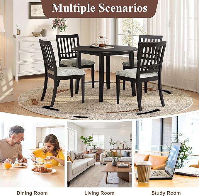 Merax 5-Piece Drop Leaf Round Dining Table Set for 4, Farmhouse Kitchen Table Set with Extendable Round Table and 4 Upholstered Chairs. Wood Table and Chairs Set for Dining Room, Living Room, Black