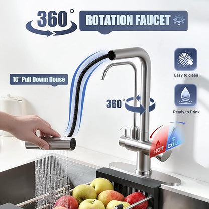 Waterfall Kitchen Faucet with Water Filter,Upgraded Separate Drinking Water 2 Handle Kitchen Faucet with Pull Down Sprayer, Brushed Nickel 3 in 1 Sink Faucets, Without Water Filtration Device