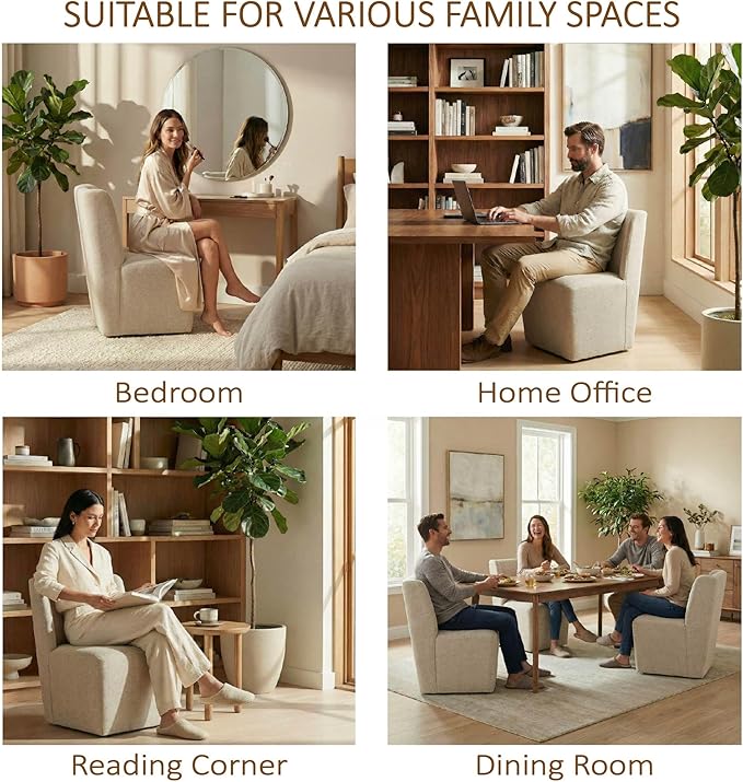 KISLOT Upholstered Dining Chairs Set of 1 with Casters, Wingback Modern Side Armless Deskchair with Rollers for Diningroom Bedroom Livingroom Reading Room, Sand Fabric