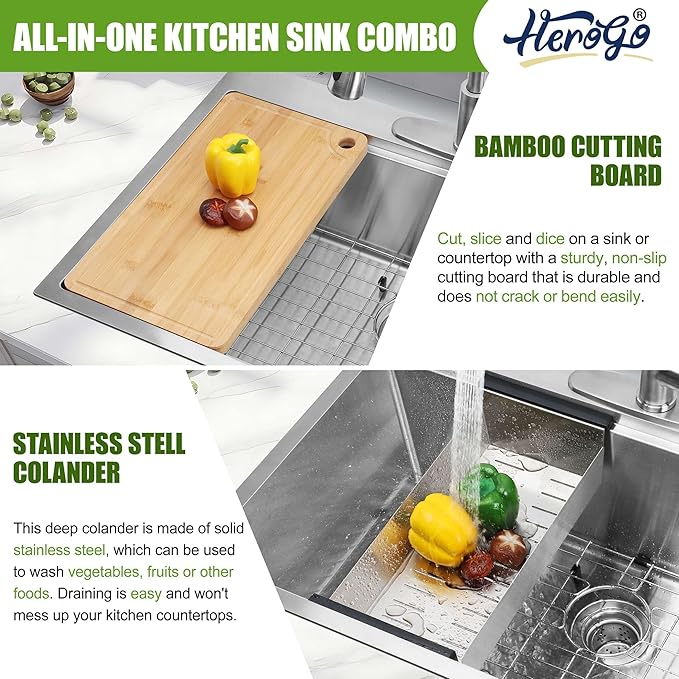 Herogo 33x22Inch Drop In Kitchen Sink, 18/10 Stainless Steel Topmount Handmade 10'' Deep Single Bowl Kitchen Workstaion Sink with 5 Accessories